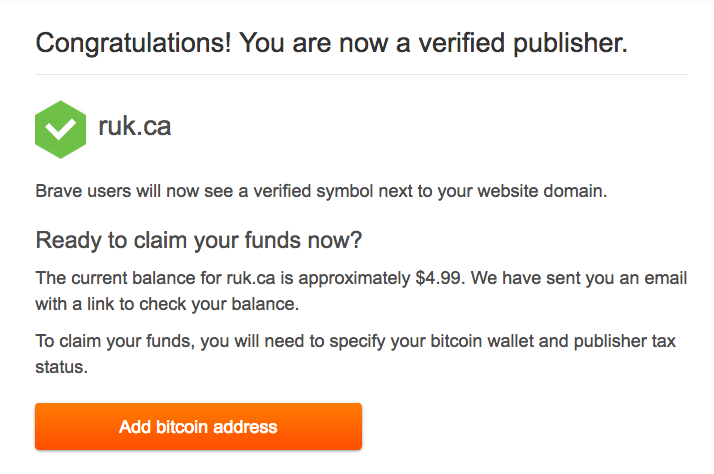 Screen shot of Brave confirmation page showing publisher approval.