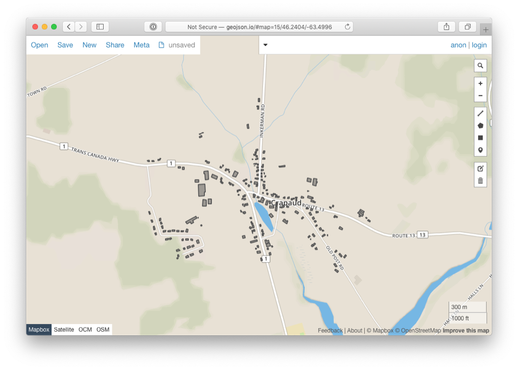 All the buildings in Crapaud, visualized in geojson.io