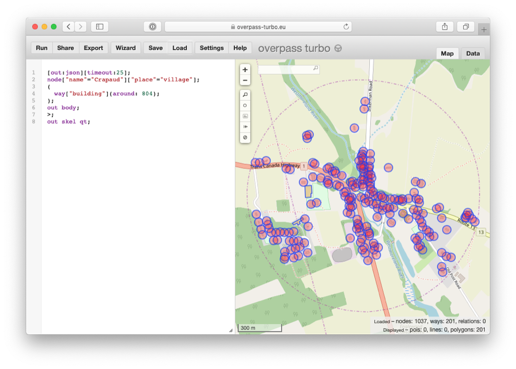 Overpass Turbo showing all the buildings in Crapaud