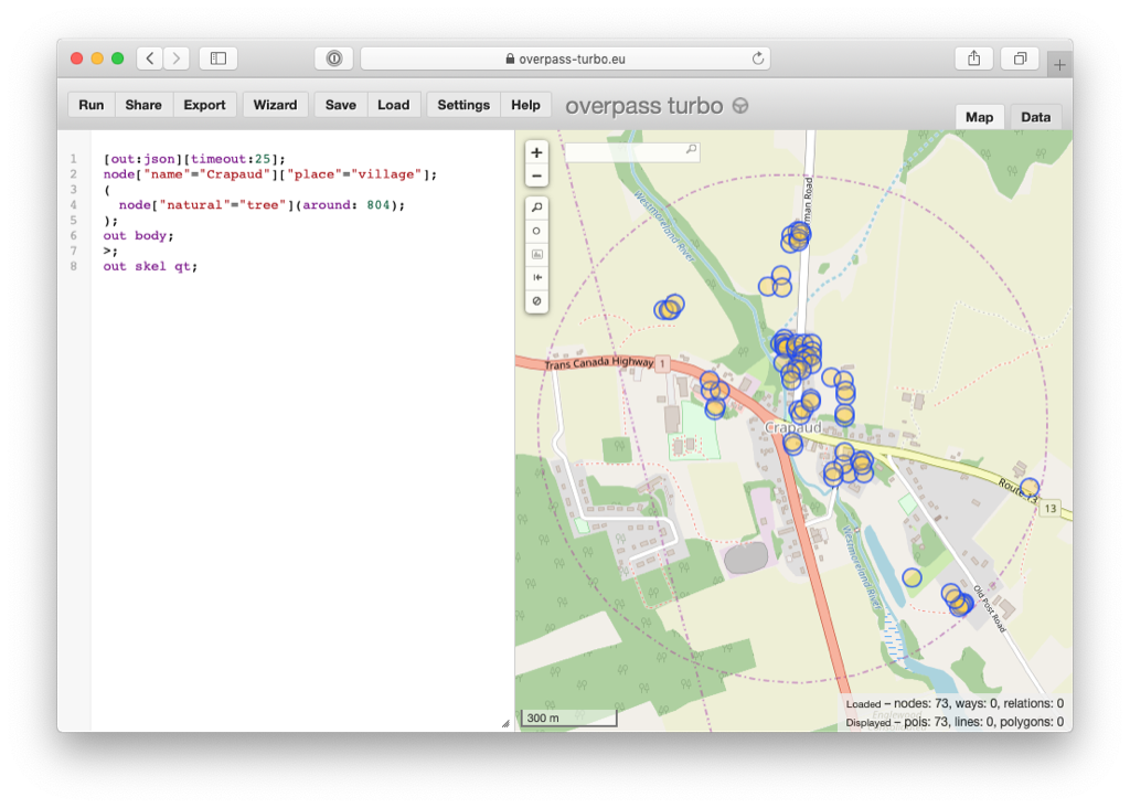 Trees in Crapaud in Overpass Turbo