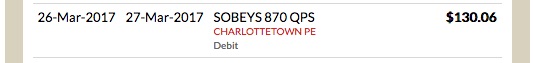 Snippet from my MasterCard transaction report showing $130.06 paid to Sobeys