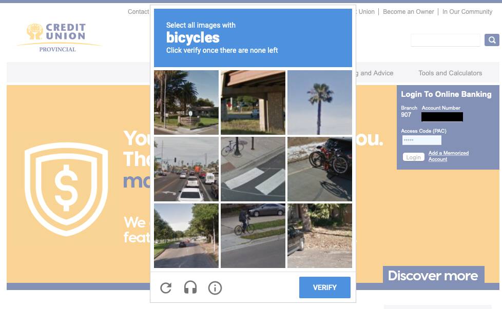 Credit Union Login plus reCAPTCHA