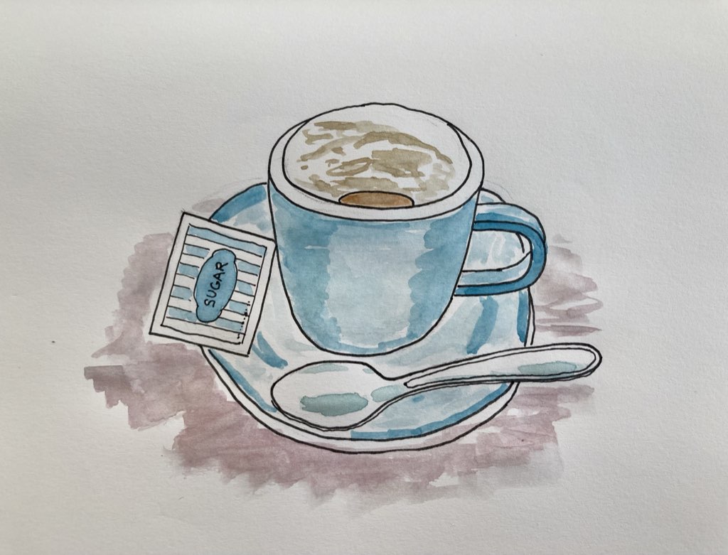 Watercolour sketch of a coffee cup on a saucer with a packet of sugar
