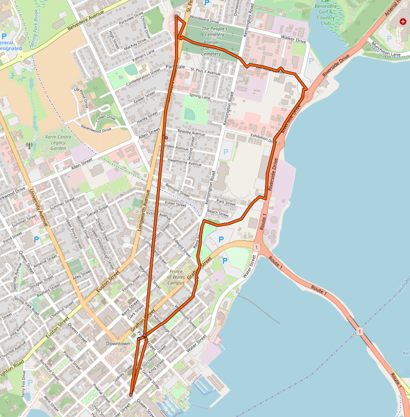 Map of my cycle route to Home Hardware and Parkdale Pharmacy