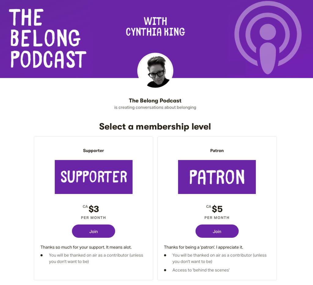 Screen shot of The Belong Podcast Patreon page.