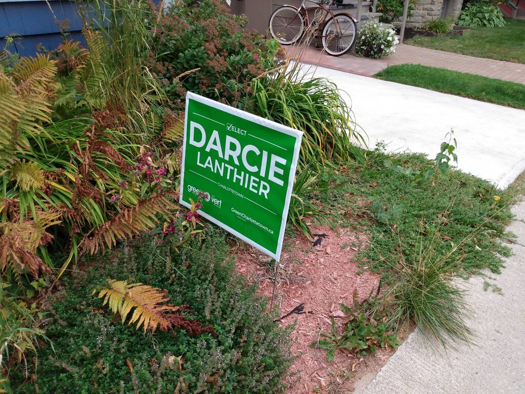 Darcier Lanthier campaign sign, on our front lawn.