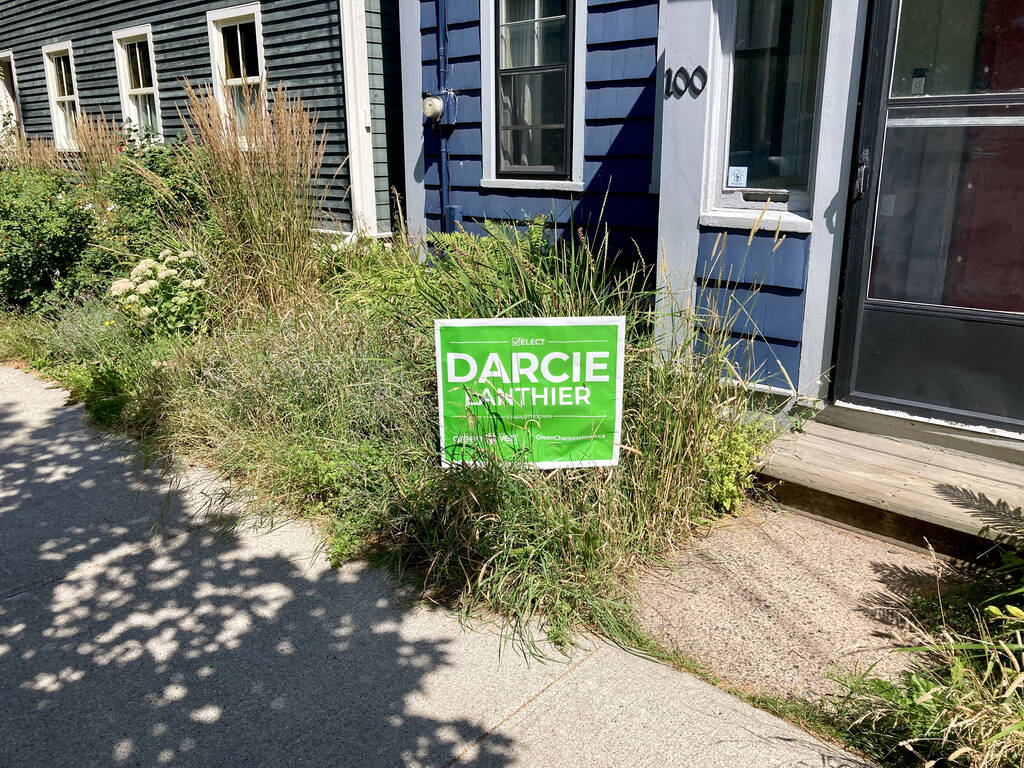 A green Darcie Lanthier sign in my front yard, among the plants of the garden.