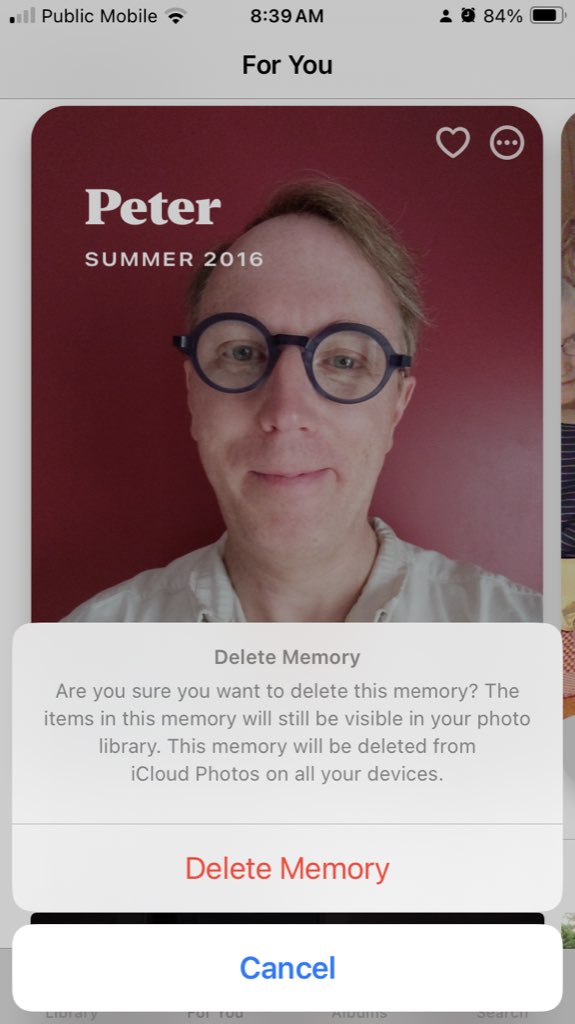 Screen shot of the process of deleting an iPhone "Photos" app "memory".