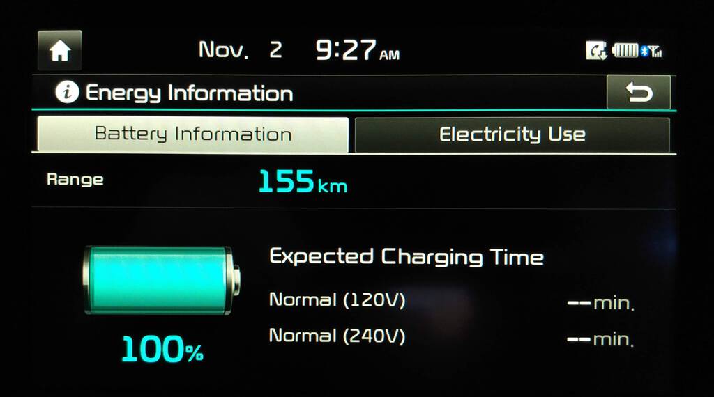 Kia Soul display showing 100% charge and 155 km of range.