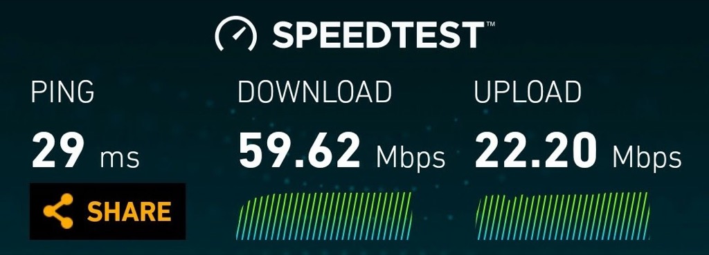 Results of an Eastlink wireless Speed Test showing 59.62 Mbps down and 22.2 Mbps up