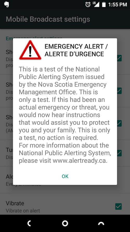 Screen shot of EMO text alert from Nova Scotia
