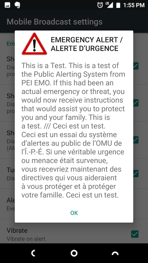 Screen shot of EMO alert from PEI