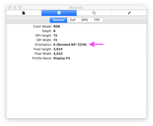 Screen shot showing orientation information in EXIF data