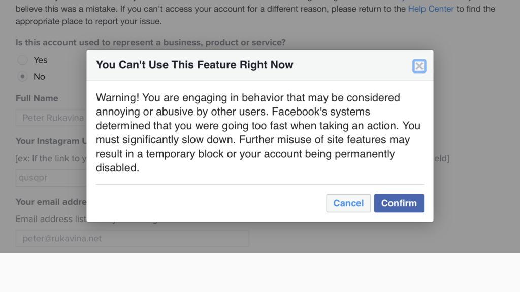 Facebook modal dialog telling me I need to slow down