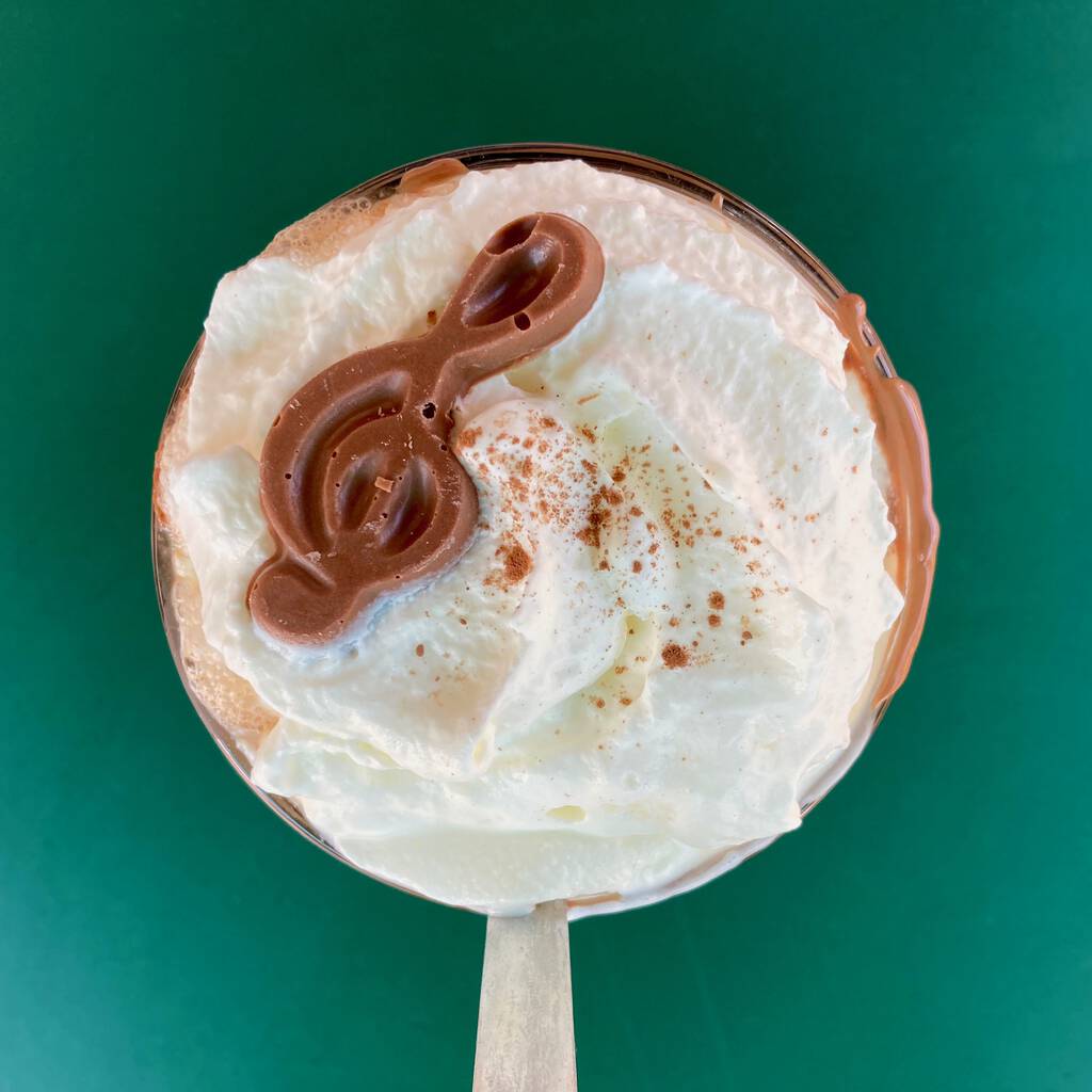 Factory Coffee at Island Chocolates (photo taken from above, showing whippet cream and musical clef made from chocolate).