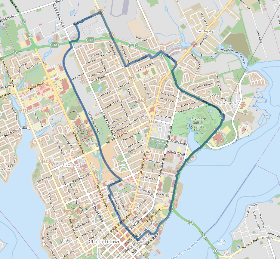 OpenStreetMap static map showing my cycle route from home to FedEx and back.