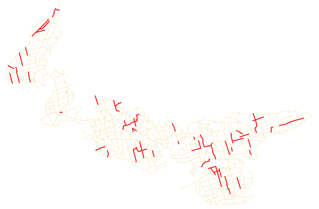Map showing PEI roads with traffic count of 100 or fewer vehicles per day