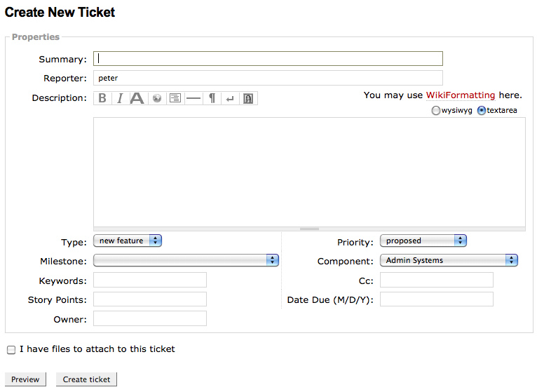 Creating a New Ticket in Trac