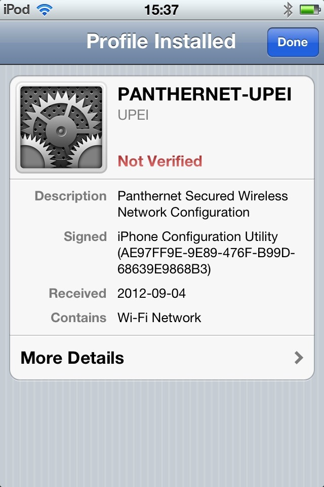 UPEI Wifi Panthernet Install Profile: Confirmation