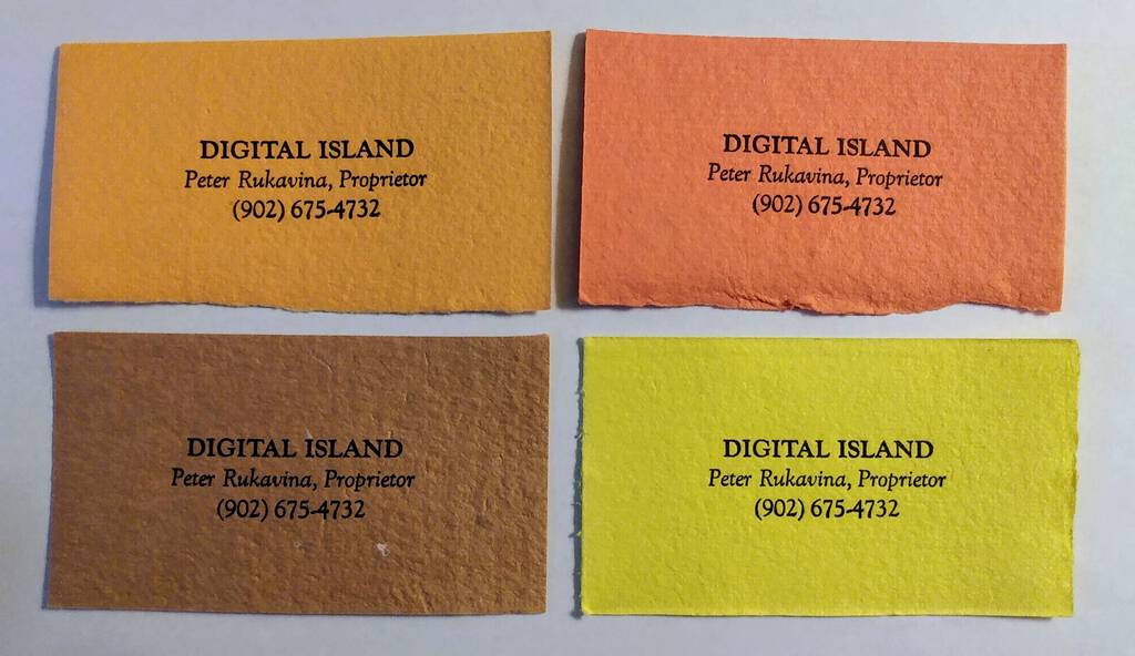 Photo of four business cards, in four different colours, for Digital Island, with my name and telephone number.