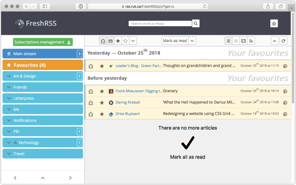 Screen shot of FreshRSS favourites section