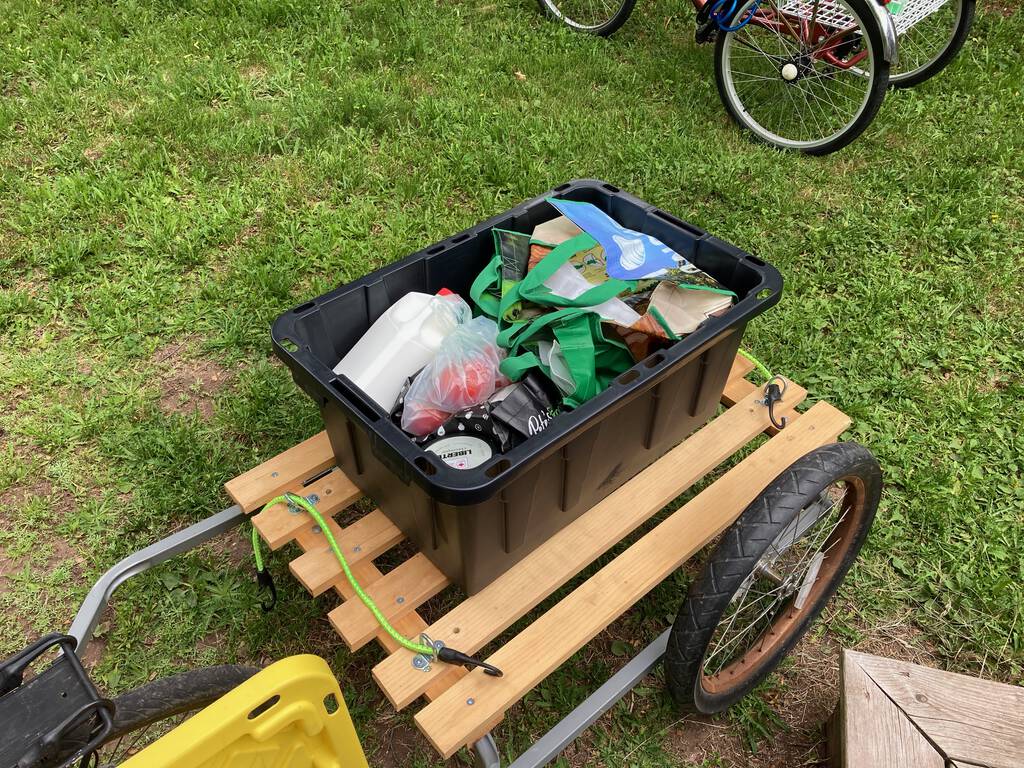 Photo of my bicycle trailer filled with groceries.