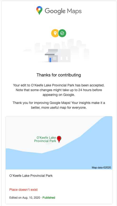 Screen shot of message from Google Maps showing place deleted.