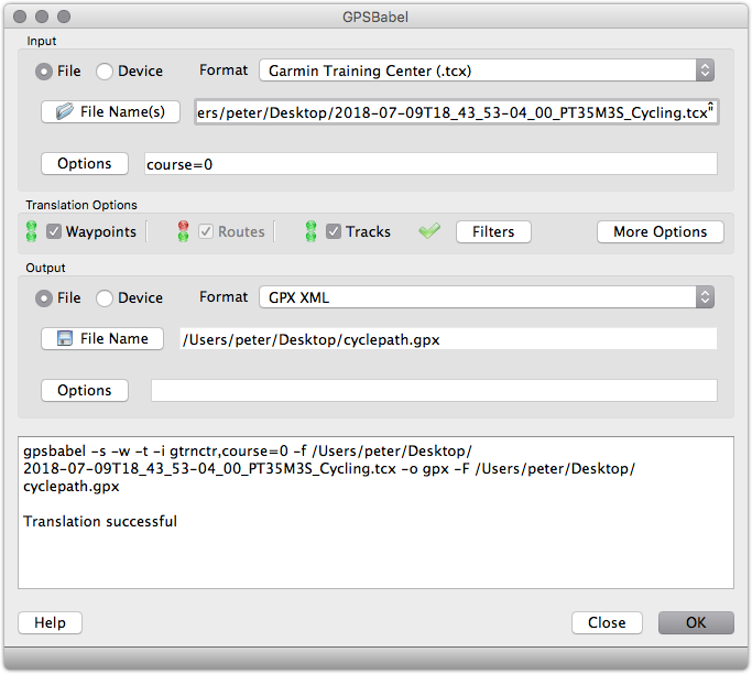Screen shot of GPSBabel, showing the conversion from TCX to GPX