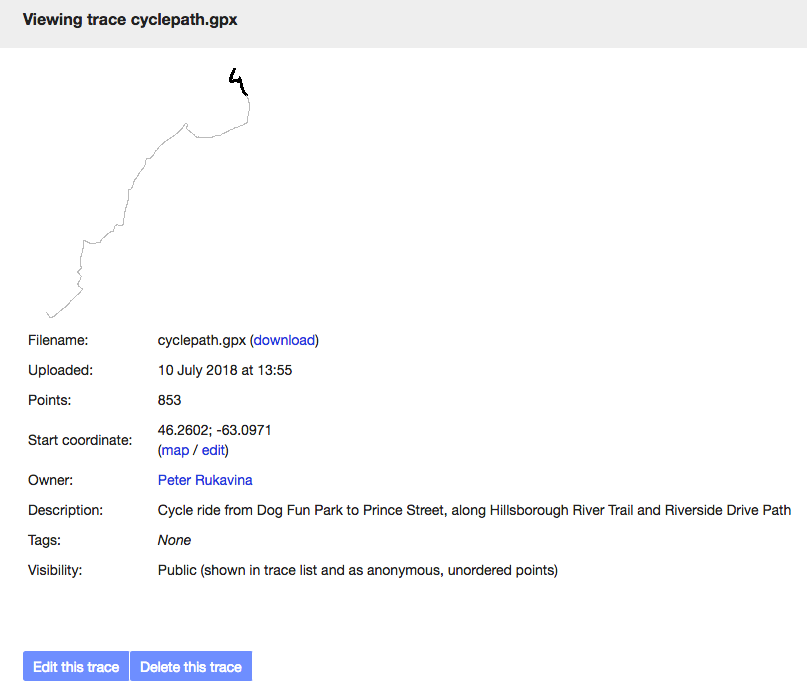 OpenStreetMap screen shot showing GPS trace processed