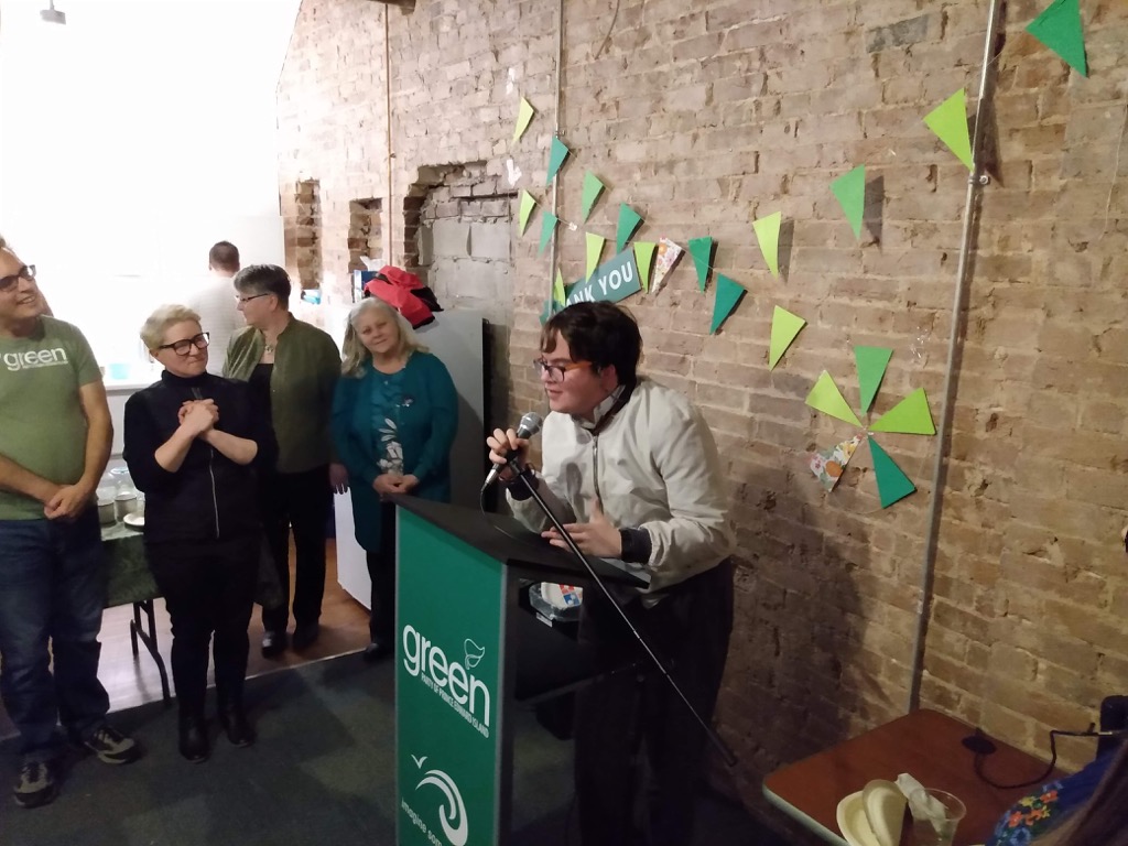 Oliver speaking at the Green Party volunteer celebration