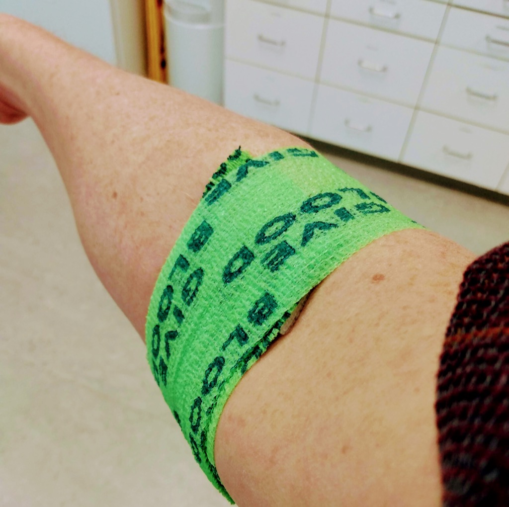 Green wrap on my right arm.