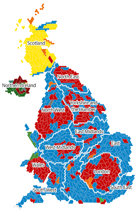 The Guardian visualization of the UK election results as a cartogram