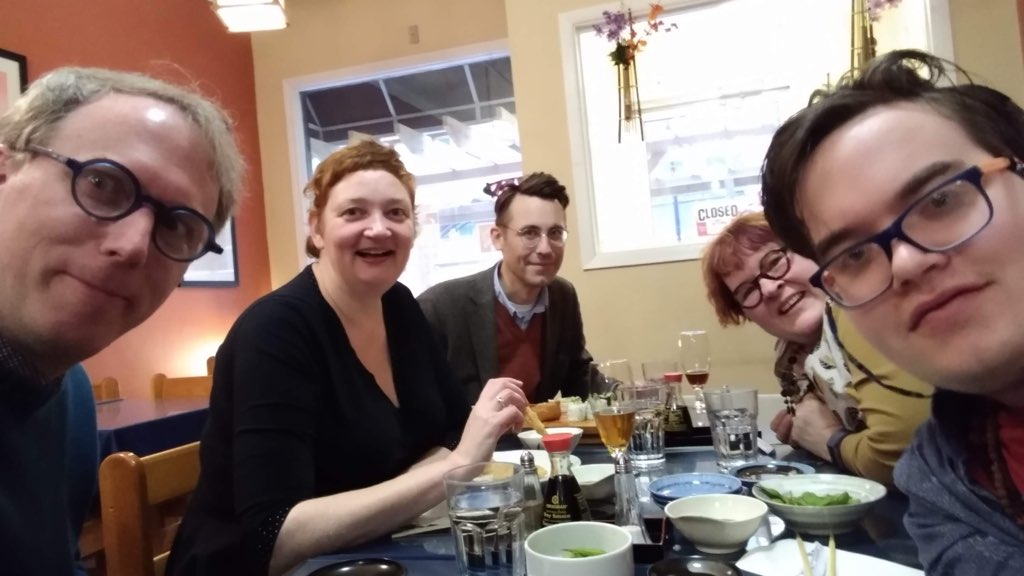 A photo of me, Luisa, Olle, Catherine, and Olivia in Halifax in 2019, eating supper at Dharma Sushi.