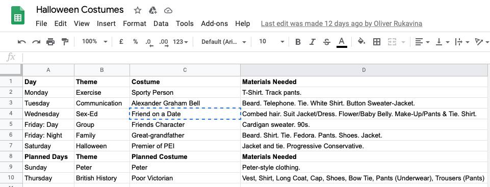 Screen shot of Oliver's Halloween costume planning spreadsheet, showing each day of Halloween week, the theme, he costume, and the materials needed.