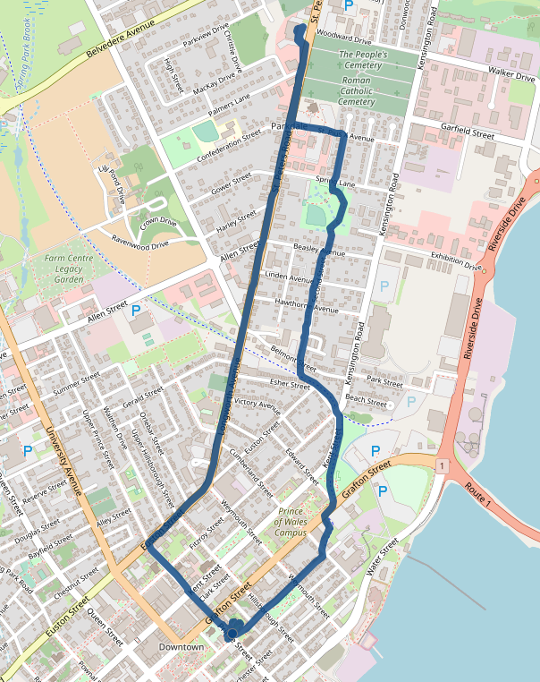 Map showing route from downtown to Home Hardware, through Parkdale.