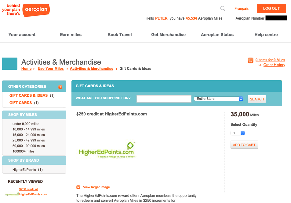 Screen shot from Aeroplan showing Higher Ed Points product