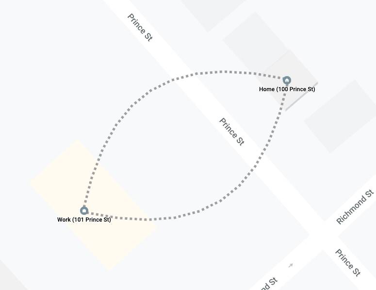 Google Location History map showing me moving back and forth between work and home.