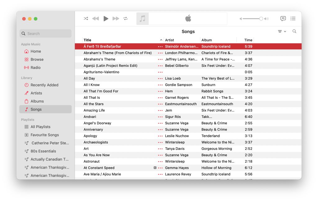 A screen shot from Apple Music, showing my Library.