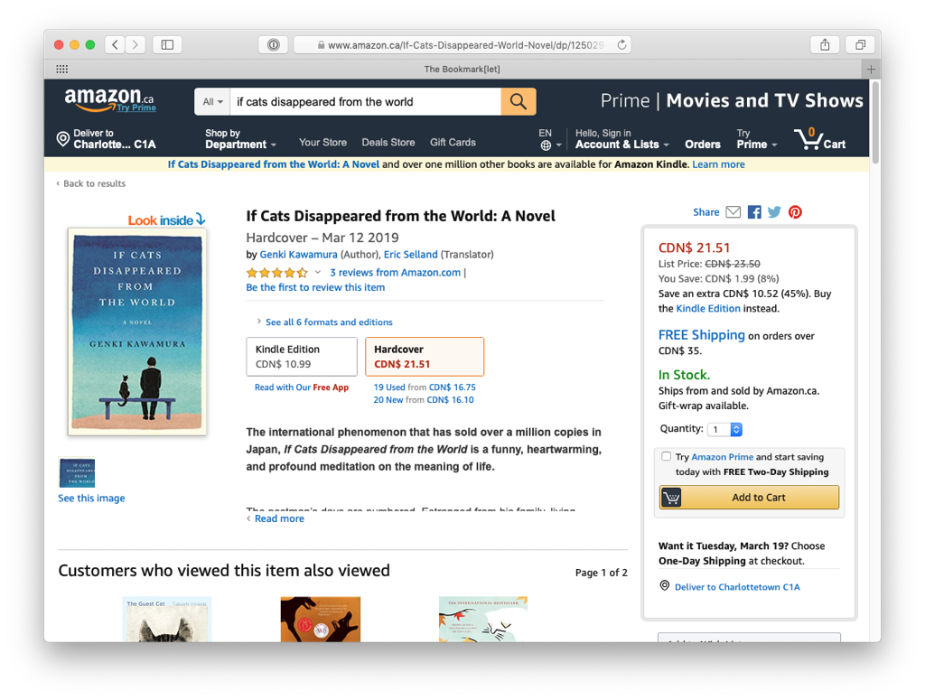 Amazon product page for If Cats Disappeared from The World