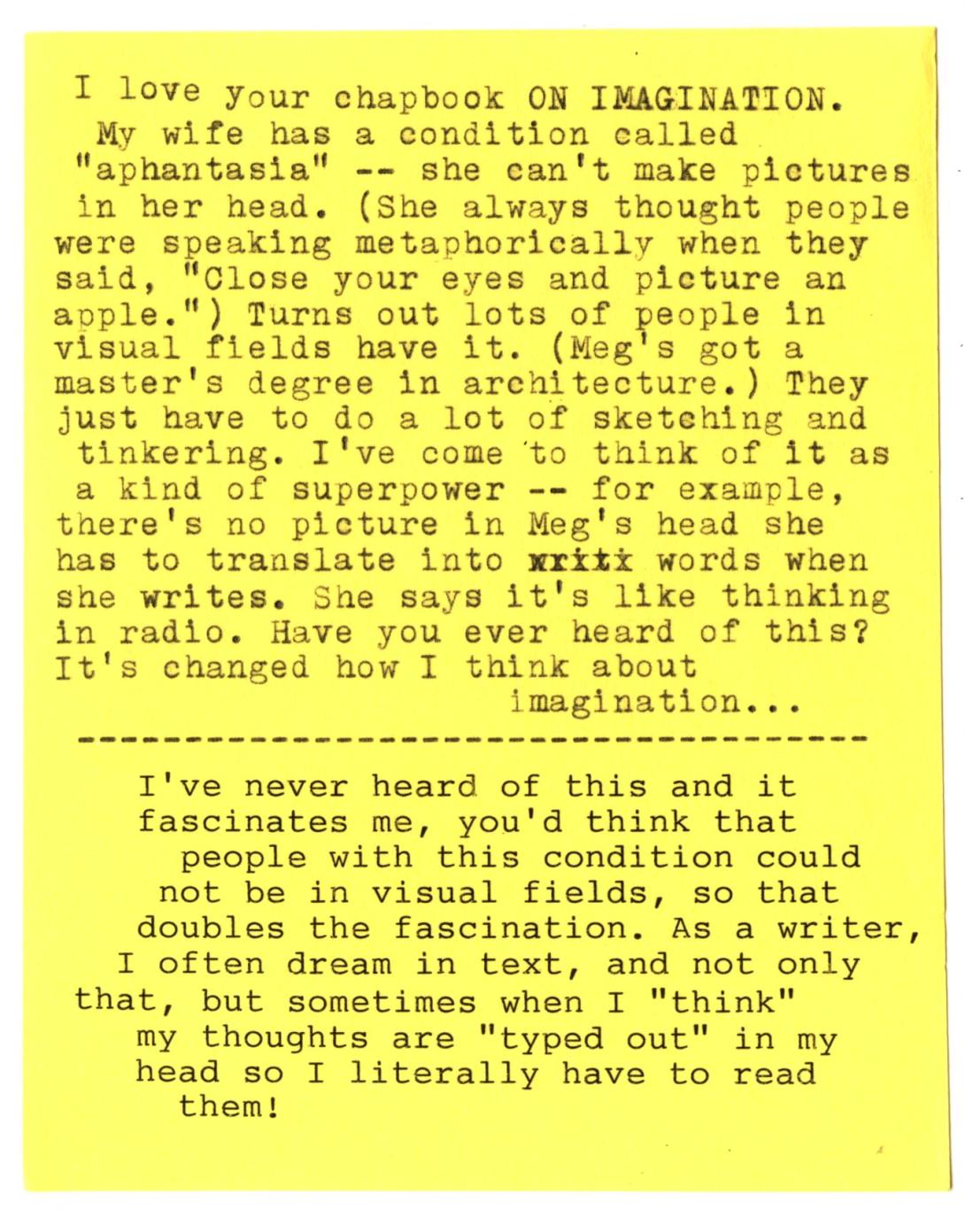 One question and answer pair from an interview by Austin Kleon with poet Mary Ruefle, typewritten in black ink on yellow paper.