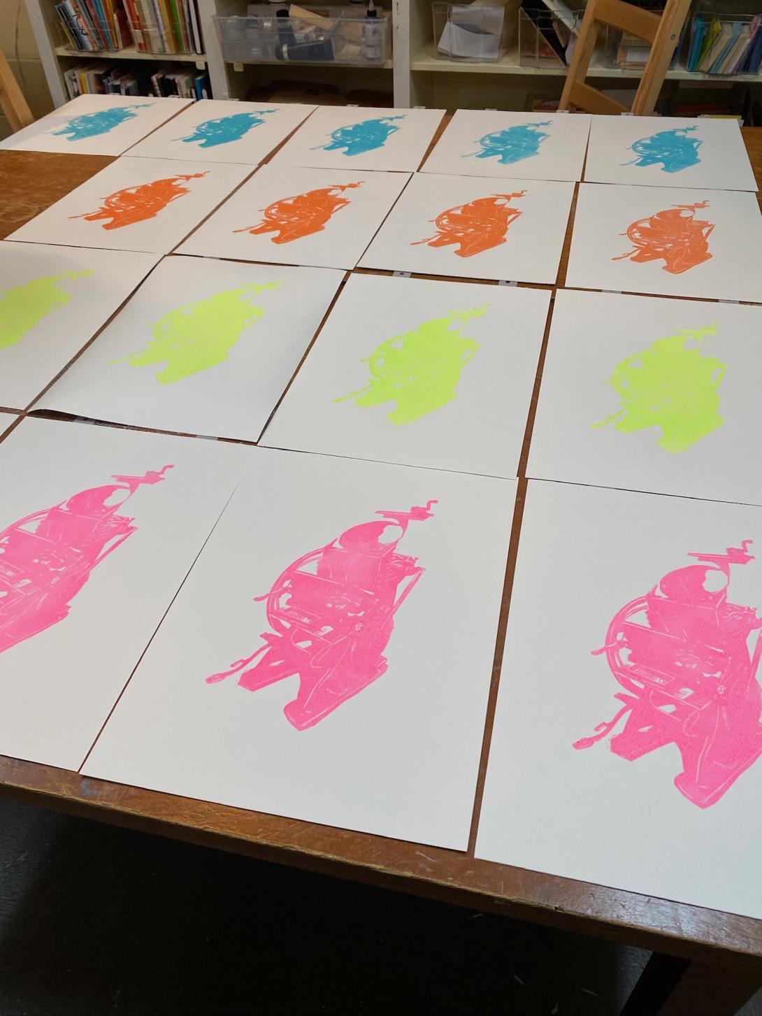 A 4x4 grid of prints, each row a different color. From top to bottom: turquoise, orange, lime green, pink.