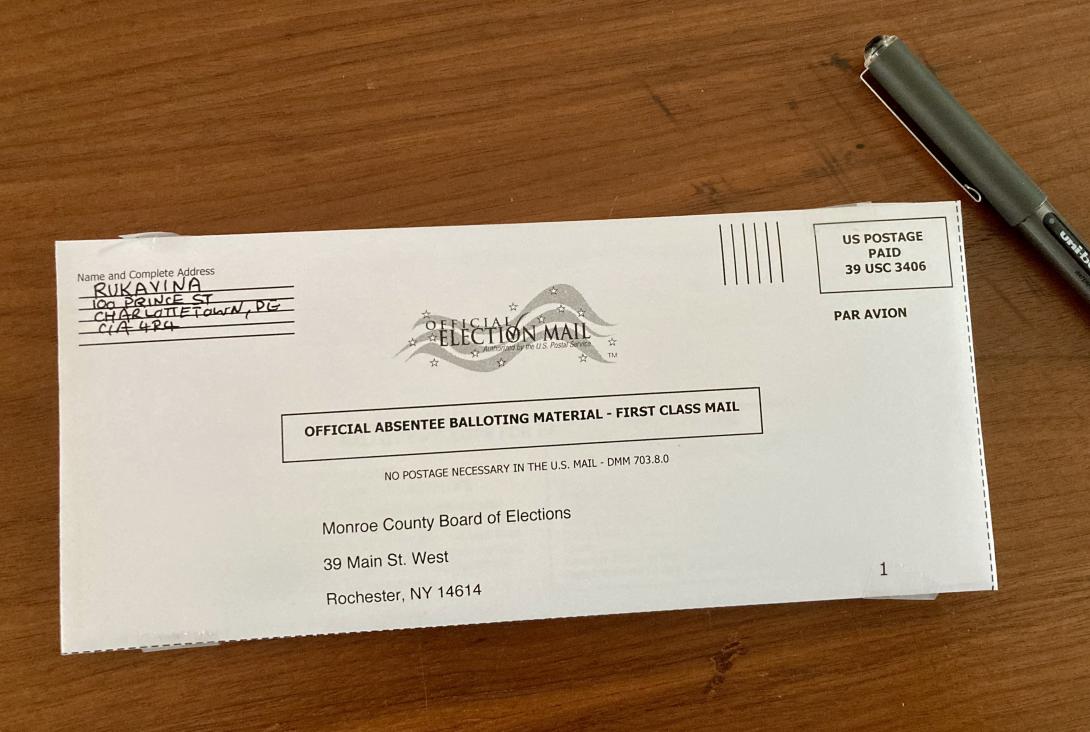 A photo of my ballot envelope, addressed to the Monroe County Board of Elections in Rochester, NY. In the top-left is my return address.