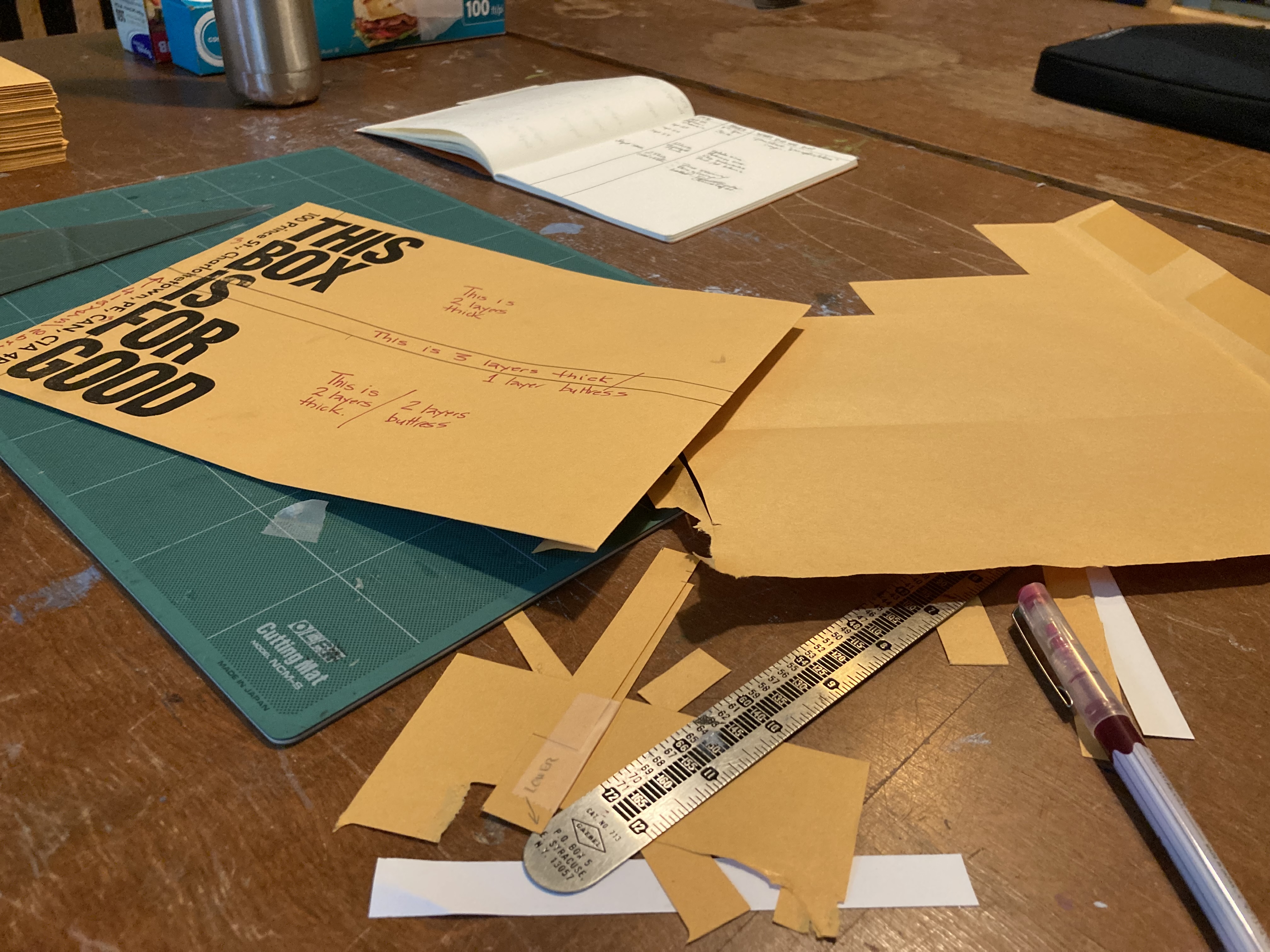 A printed envelope, with "THIS BOX IS FOR GOOD" in large letters, surrounding by cut apart parts of another envelope, with a red pen and a metal ruled in the background.