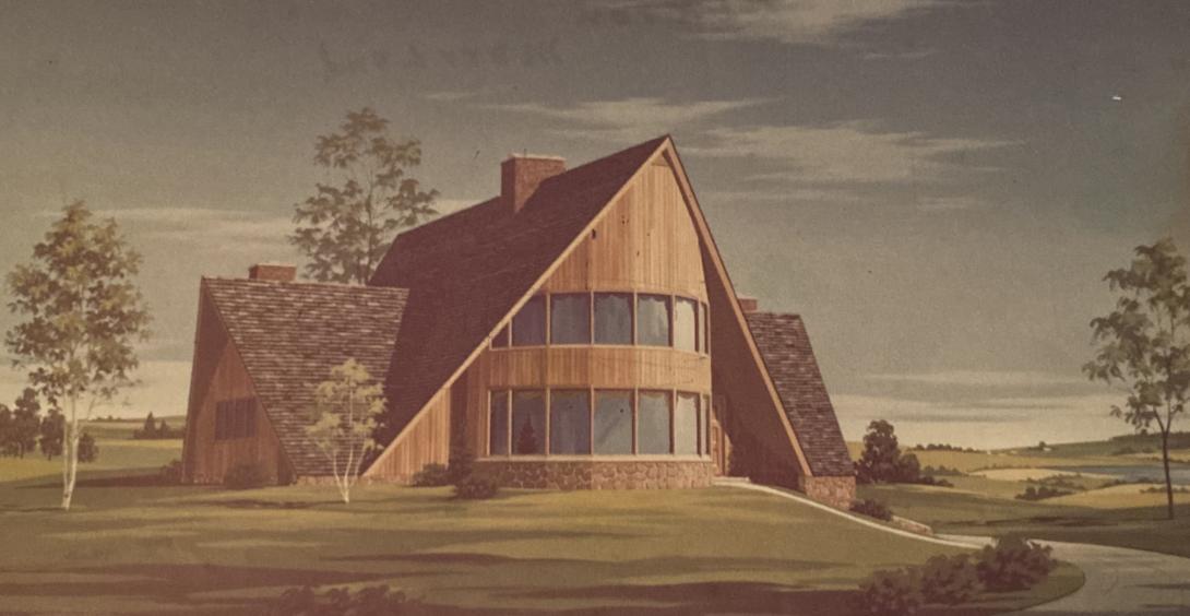 An artist rendering of a modern A-frame house.