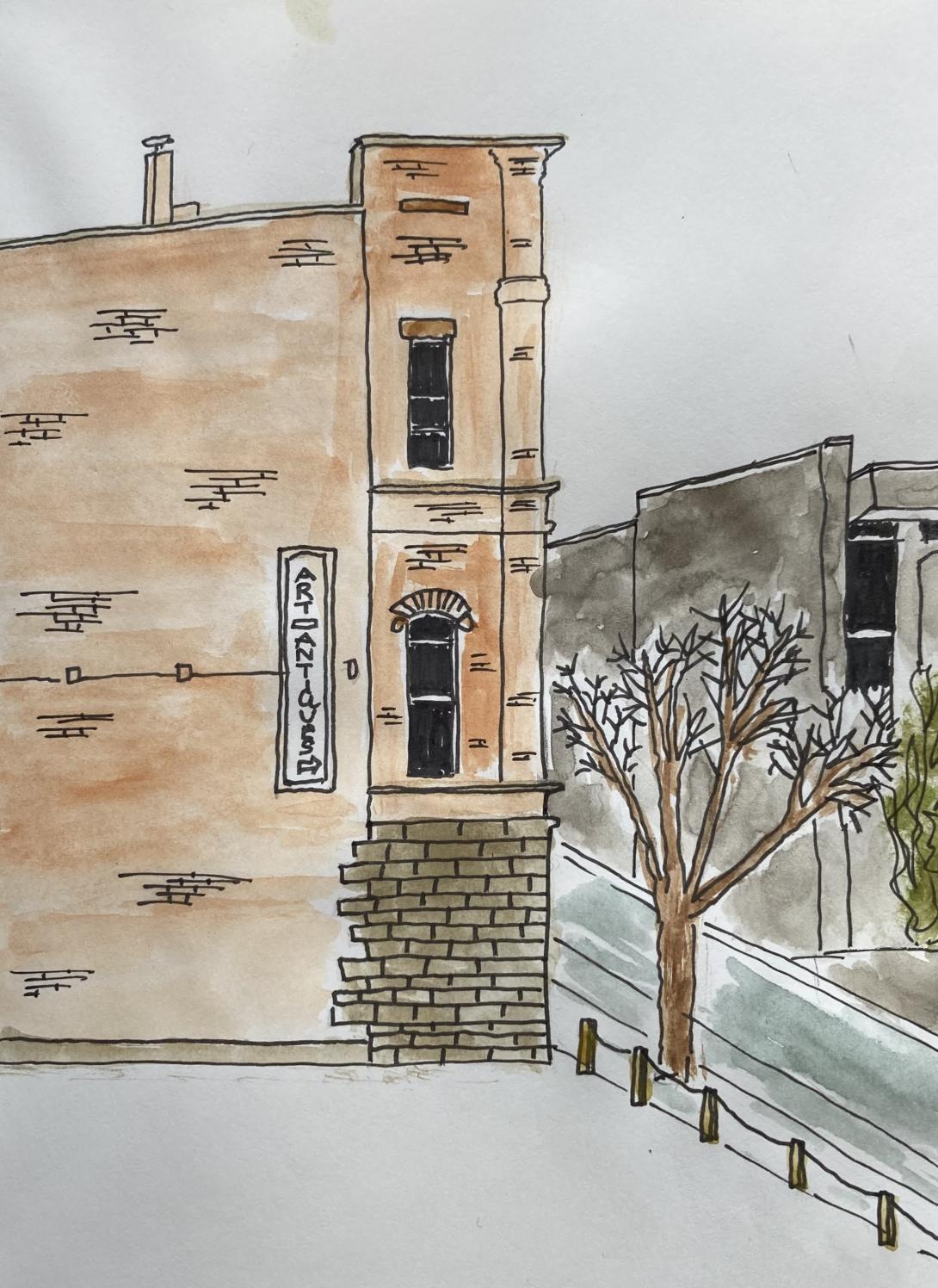 A pen and watercolour sketch of the end of a red brick Victorian commercial building, across the street from a Brutalist concrete art centre.