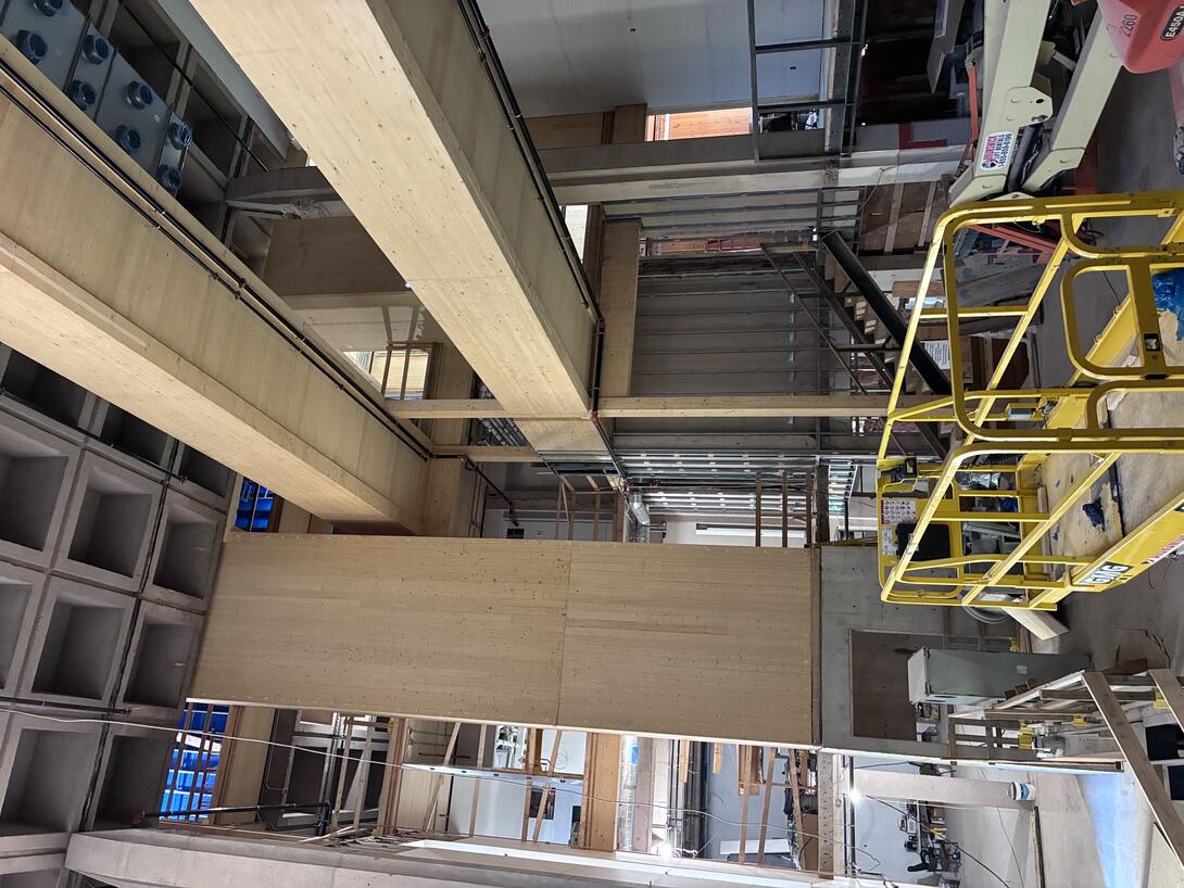Mass timber elevator shaft and bridges.