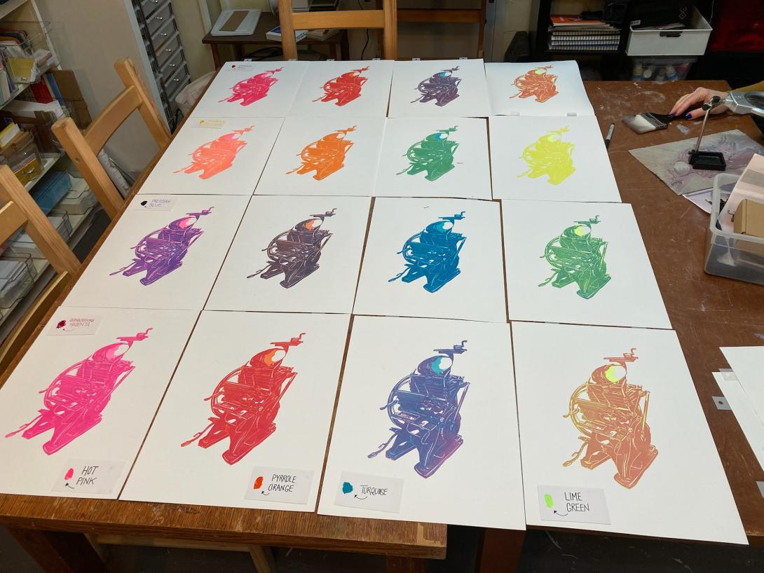 The same prints, but with 4 colours overprinted: magenta, Prussian blue, Hansa yellow, crimson red.