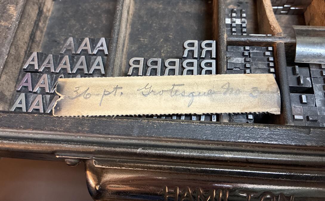 A type case label reading, in pencil, 36 pt. Grotesque No. 3