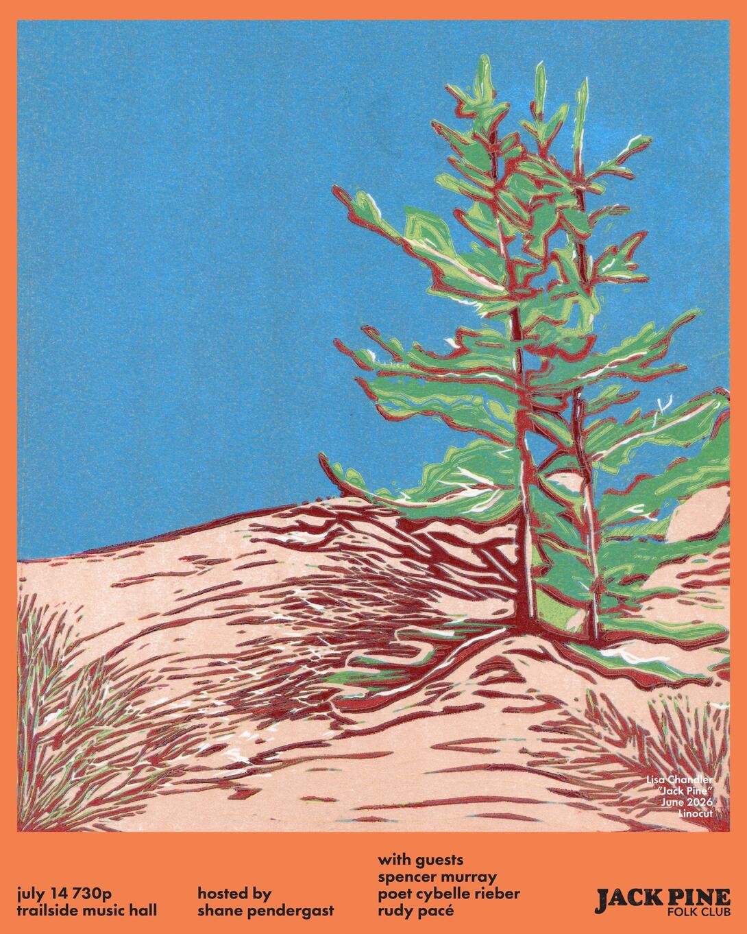 Poster for Jack Pine Folk Club: orange background, featuring a lino print rendering of a Jack Pine tree.
