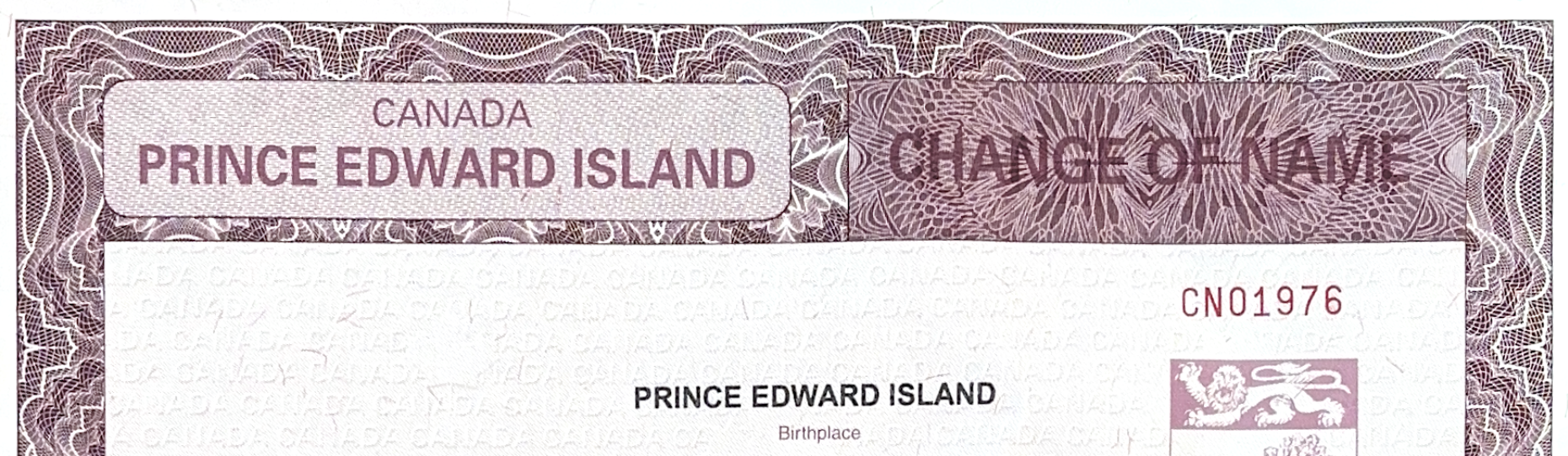 The heading section of the official PEI Change of Name certificate for Olivia.